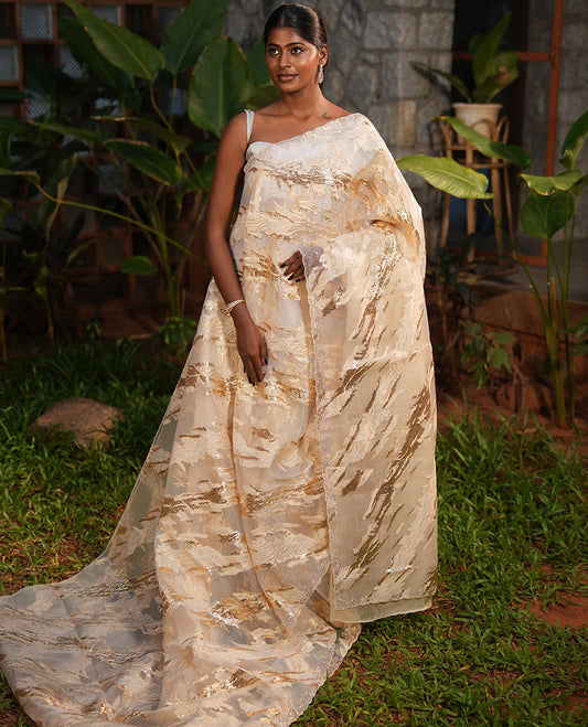 Gold Turkey Organza Saree, Adorned with Abstract-Style Gold Thread Work, Swarovski Stonework Border, and Matching Blouse