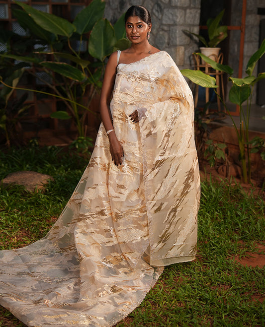 Gold Turkey Organza Saree, Adorned with Abstract-Style Gold Thread Work, Swarovski Stonework Border, and Matching Blouse