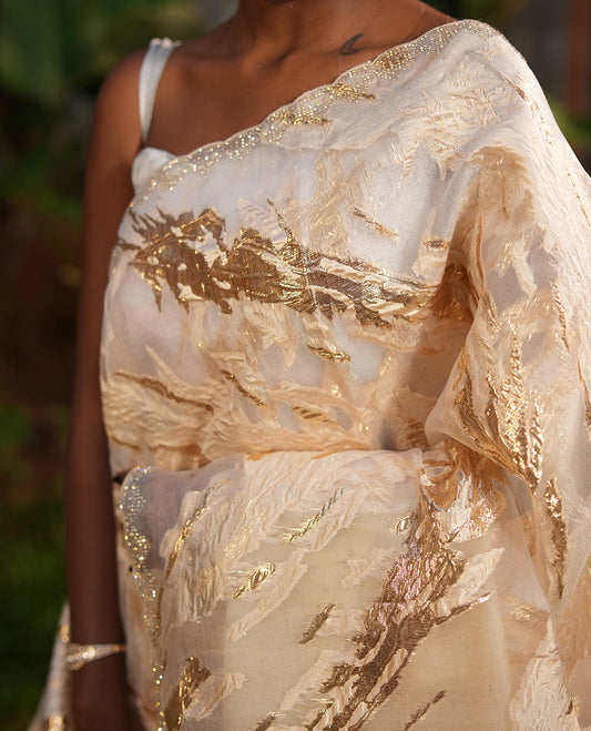 Gold Turkey Organza Saree, Adorned with Abstract-Style Gold Thread Work, Swarovski Stonework Border, and Matching Blouse