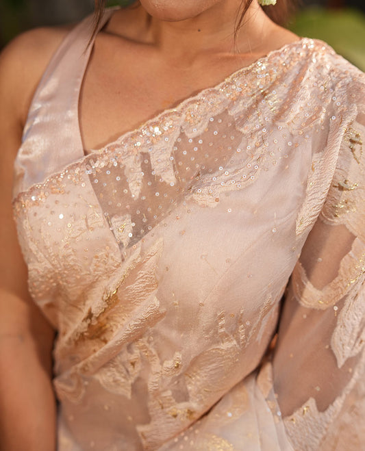 Peach Turkey Organza Saree, Shimmering with Floral Threadwork, a Gleaming Scallop Border, and a Matching Blouse
