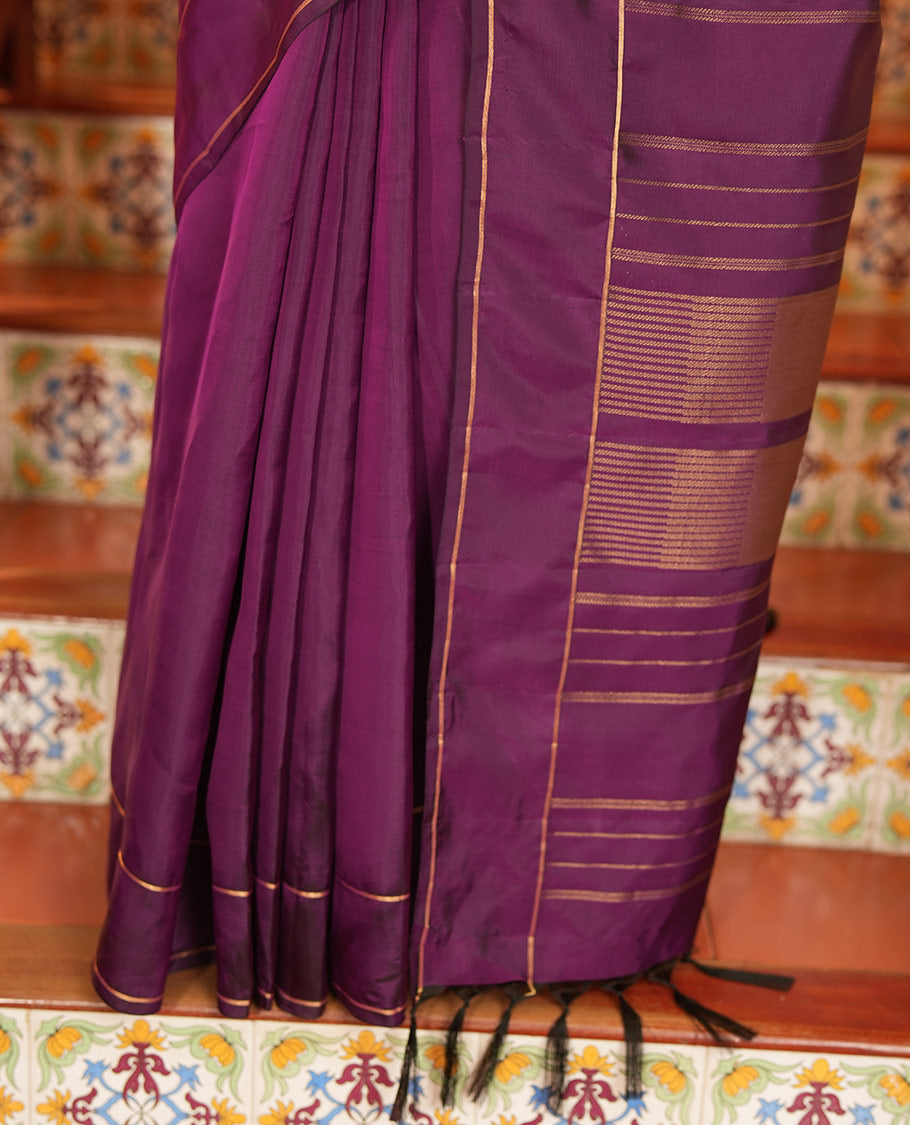 Purple Vasundhara Lite Silk Saree, Subtly Sparkled with Paisa Zari Buttas Across Its Body, Highlighted Zari Border of Horizontal Stripes, Gleaming Pallu of Seppu Rekku Designs, and Paired with a Matching Blouse