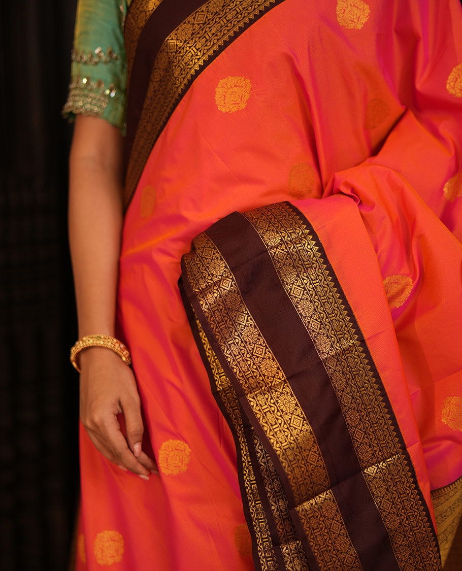 Pink Gift Saree, Accentuated with Zari Buttas All Over Its Body, Complemented by a Contrast Traditional Zari Design Border, Grand Pallu of Jaal Designs, and Paired with a Contrast Blouse