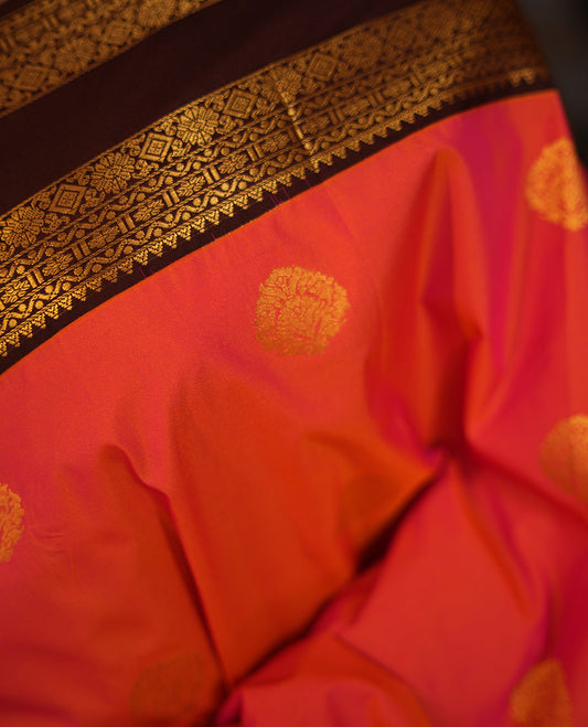 Pink Gift Saree, Accentuated with Zari Buttas All Over Its Body, Complemented by a Contrast Traditional Zari Design Border, Grand Pallu of Jaal Designs, and Paired with a Contrast Blouse
