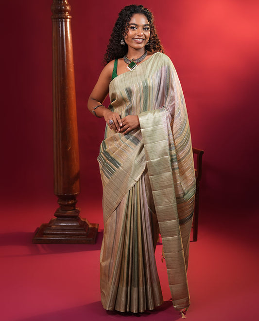 Pista Green Striped Semi-Tussar Silk Saree, Adorned with Vertical Zari Stripes on Its Body, Subtle Zari Border, a Subtle Pallu, and Paired with a Contrast Striped Blouse