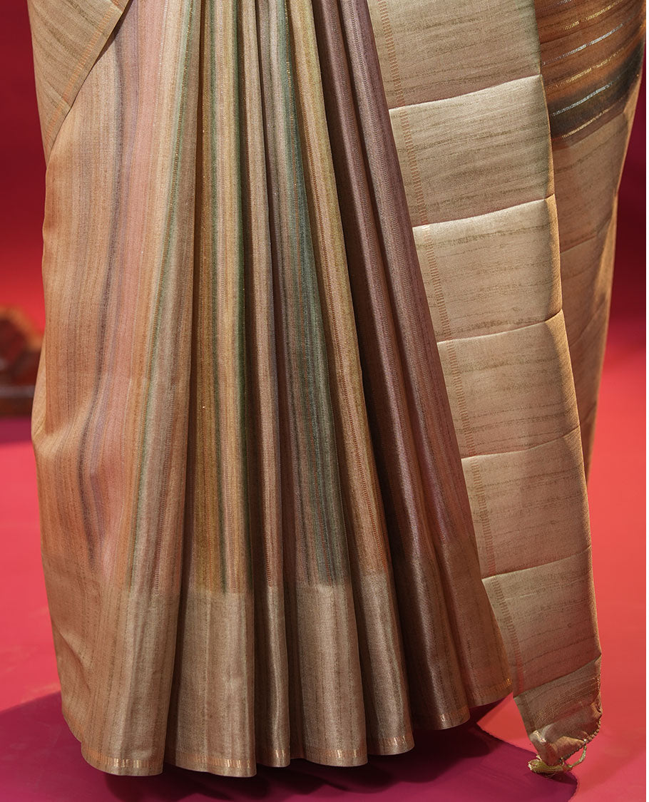 Pista Green Striped Semi-Tussar Silk Saree, Adorned with Vertical Zari Stripes on Its Body, Subtle Zari Border, a Subtle Pallu, and Paired with a Contrast Striped Blouse