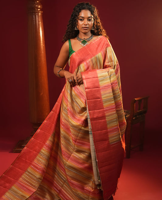 Rust Striped Semi-Tussar Silk Saree, Adorned with Vertical Zari Stripes on Its Body, Subtle Zari Border, a Subtle Pallu, and Paired with a Contrast Striped Blouse
