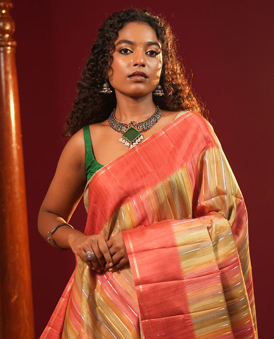 Rust Striped Semi-Tussar Silk Saree, Adorned with Vertical Zari Stripes on Its Body, Subtle Zari Border, a Subtle Pallu, and Paired with a Contrast Striped Blouse
