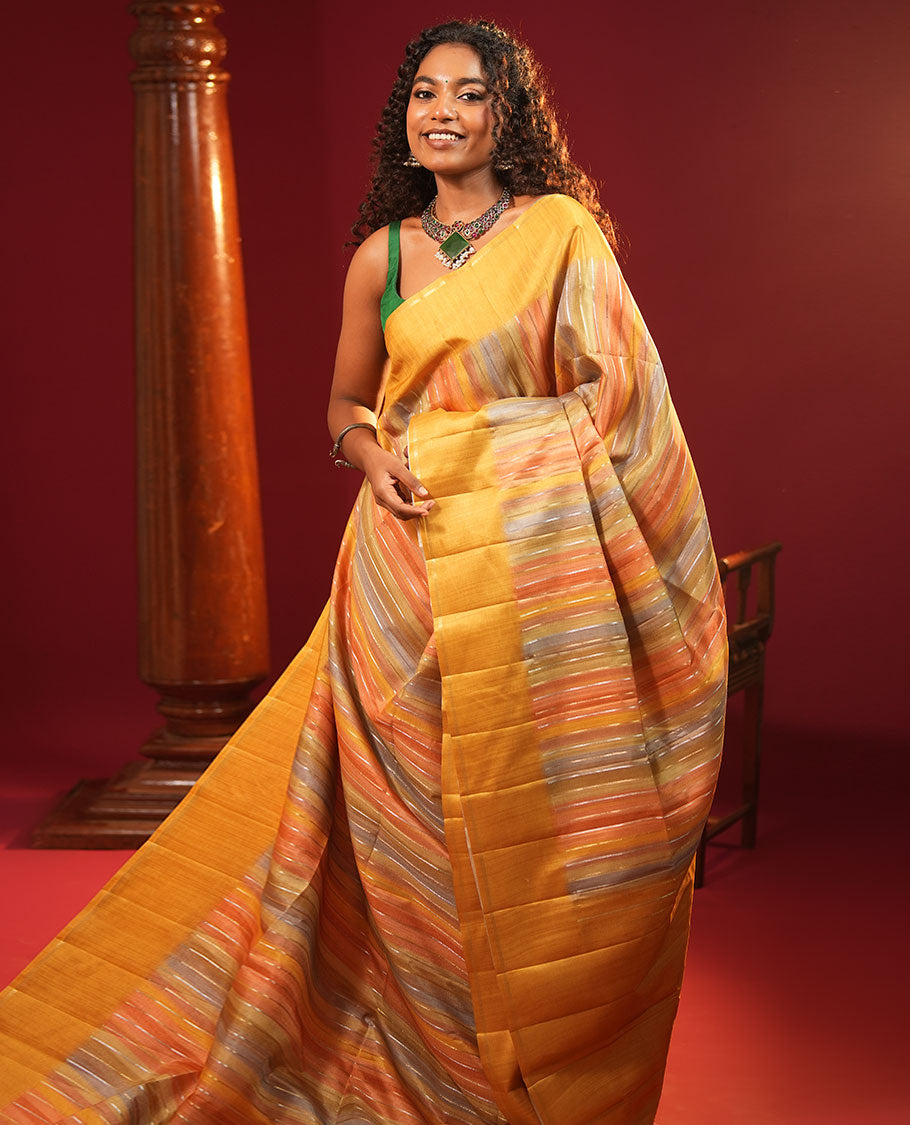 Yellow Striped Semi-Tussar Silk Saree, Adorned with Vertical Zari Stripes on Its Body, Subtle Zari Border, a Subtle Pallu, and Paired with a Contrast Striped Blouse