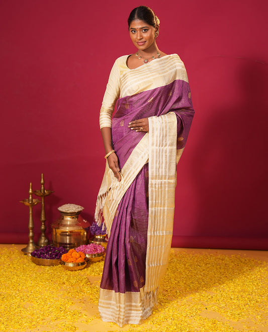 Purple zari checked and zari buttas silk saree, contrast varisai pettu border of jaal, muthu, neli, and rudraksham motifs