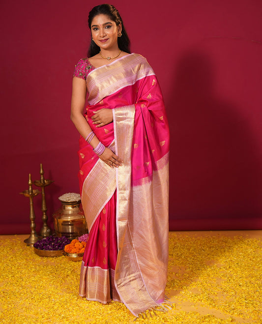 Rani pink zari buttas silk saree, contrast border of muthu, diamond, kathir, and mayil kann designs, and jaal pallu