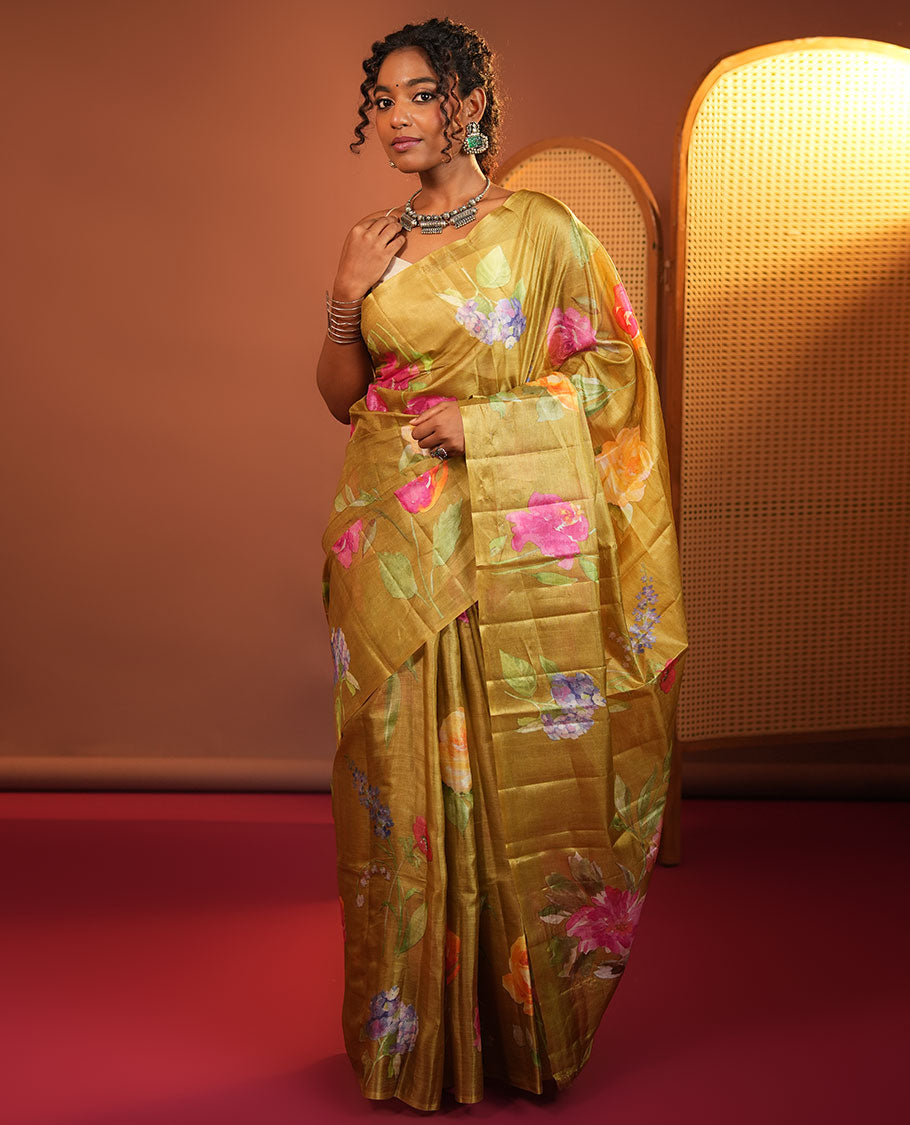 Borderless Green Tussar Silk Saree, Finely Printed with Floral Motifs On Its Body, Subtly Floral Printed Pallu and Paired with a Printed Blouse