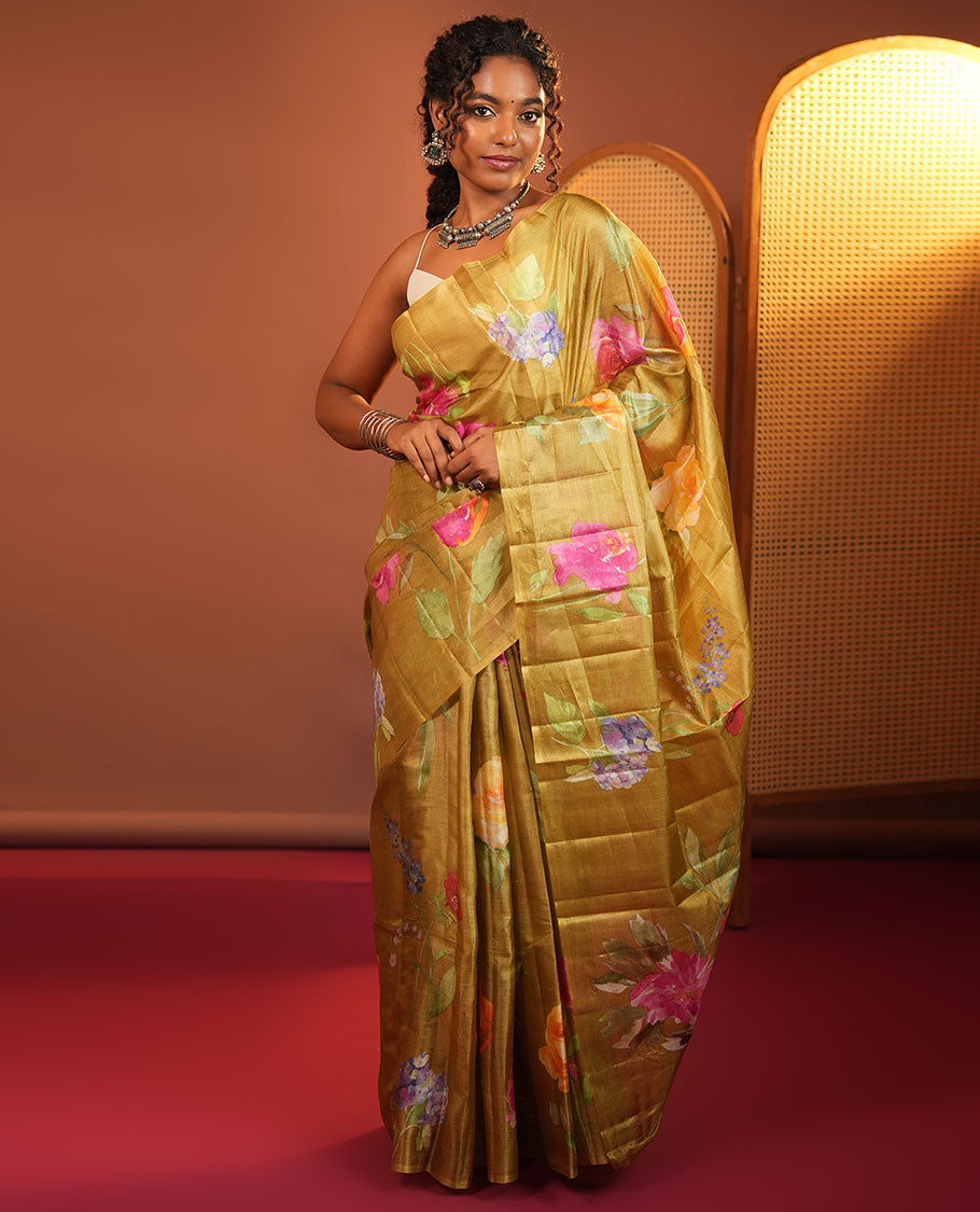 Borderless Green Tussar Silk Saree, Finely Printed with Floral Motifs On Its Body, Subtly Floral Printed Pallu and Paired with a Printed Blouse