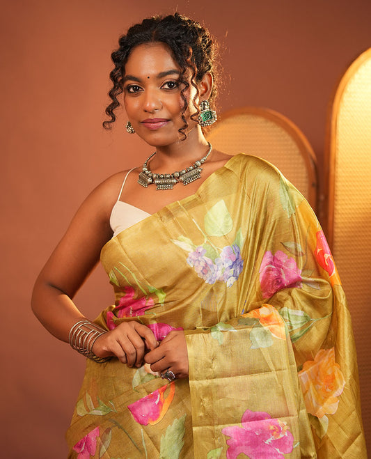 Borderless Green Tussar Silk Saree, Finely Printed with Floral Motifs On Its Body, Subtly Floral Printed Pallu and Paired with a Printed Blouse