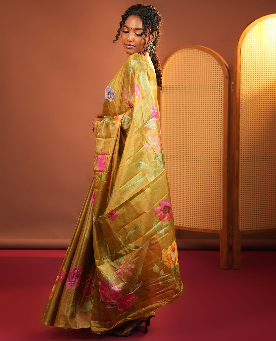 Borderless Green Tussar Silk Saree, Finely Printed with Floral Motifs On Its Body, Subtly Floral Printed Pallu and Paired with a Printed Blouse