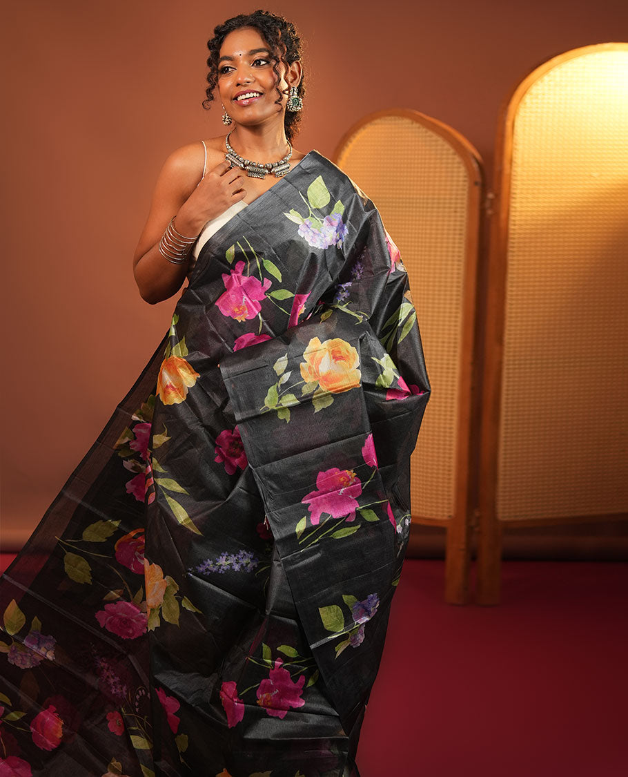 Borderless Black Tussar Silk Saree, Finely Printed with Floral Motifs On Its Body, Subtly Floral Printed Pallu and Paired with a Printed Blouse
