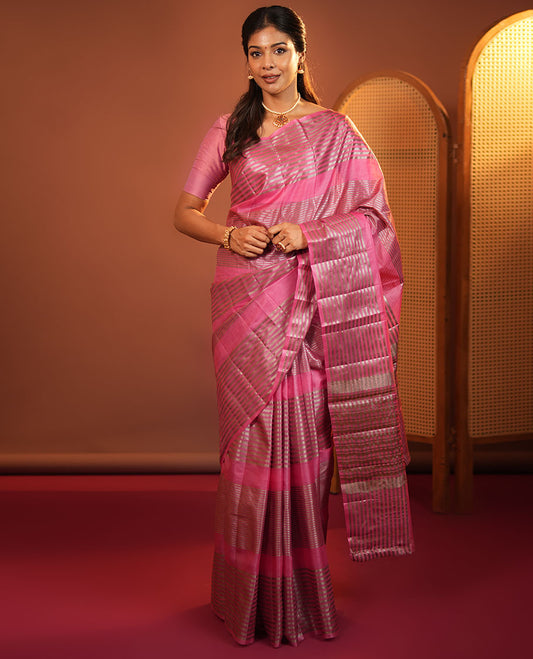 Pink Tussar Silk Saree, Highlighted by Horizontal Zari Stripes Running All Over Its Body, Highlighted by Zari Striped Border, Zari Gleamed up Pallu, and Paired with a Matching Blouse