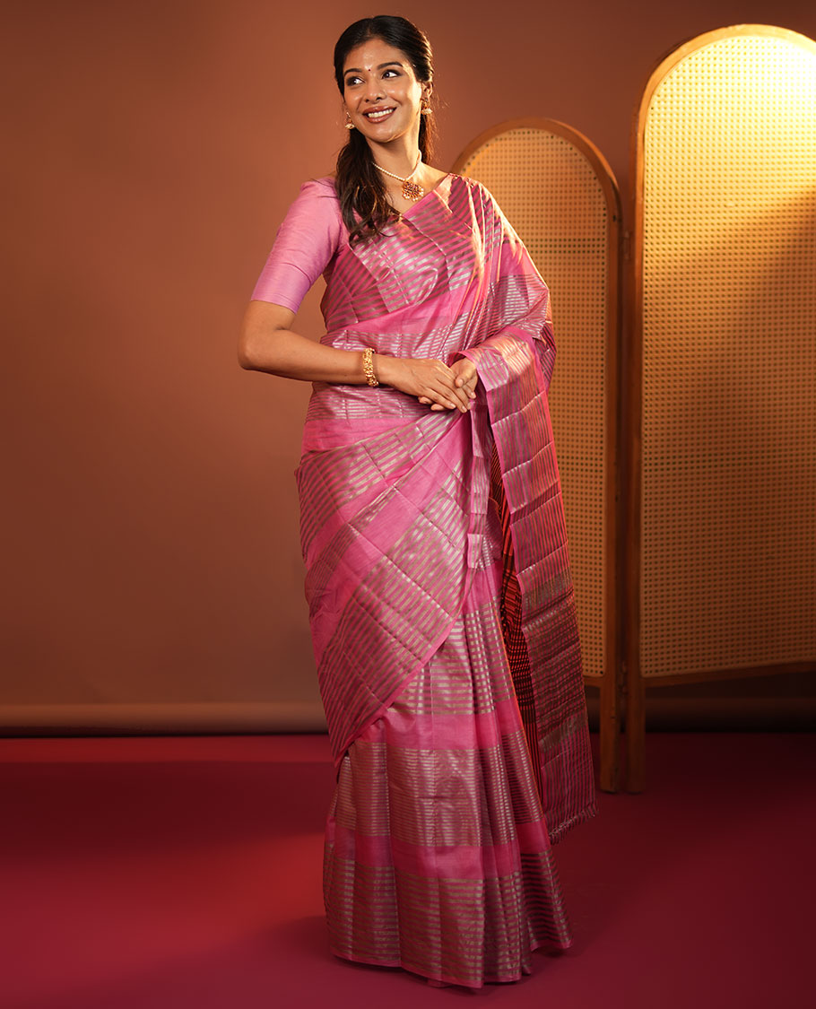 Pink Tussar Silk Saree, Highlighted by Horizontal Zari Stripes Running All Over Its Body, Highlighted by Zari Striped Border, Zari Gleamed up Pallu, and Paired with a Matching Blouse