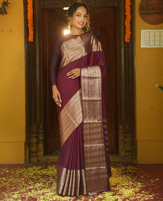 Wine Plain Semi-Mysore Silk Saree