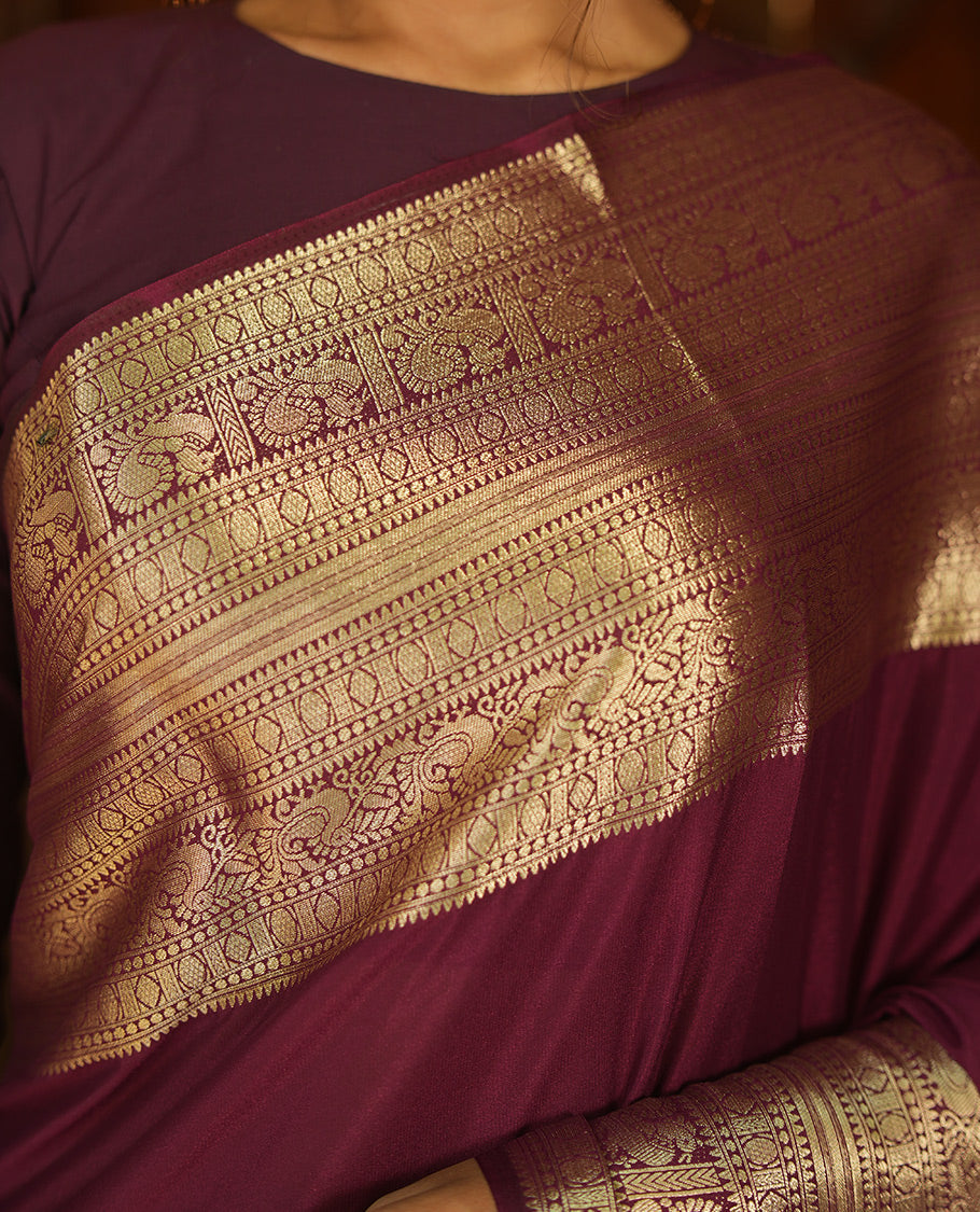 Wine Plain Semi-Mysore Silk Saree