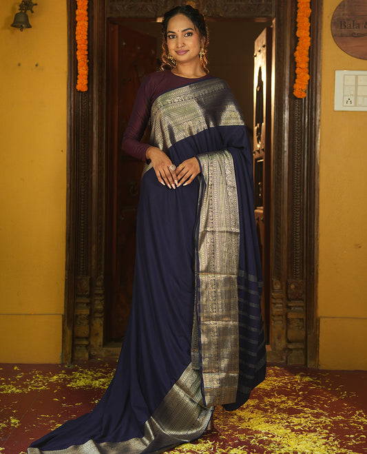 Navy Blue Plain Semi-Mysore Silk Saree