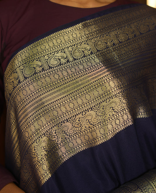 Navy Blue Plain Semi-Mysore Silk Saree