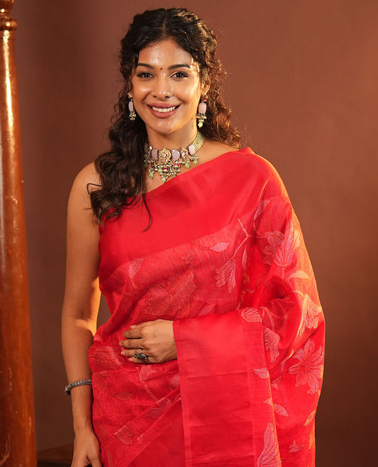 Red Green Silk Saree, Finely Crafted with Floral Vine Cross Stitch Embroidery on Its Body, Subtle Self-Satin Border, Pallu of Floral Vine Cross Stitch Embroidery, and Paired with a Plain Blouse