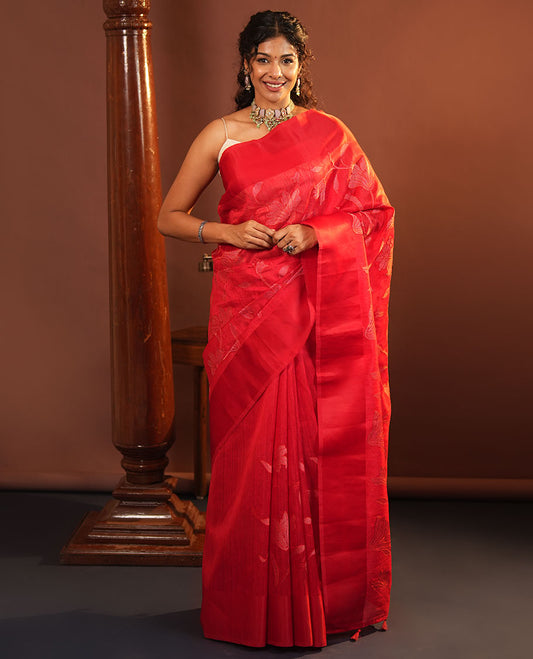 Red Green Silk Saree, Finely Crafted with Floral Vine Cross Stitch Embroidery on Its Body, Subtle Self-Satin Border, Pallu of Floral Vine Cross Stitch Embroidery, and Paired with a Plain Blouse