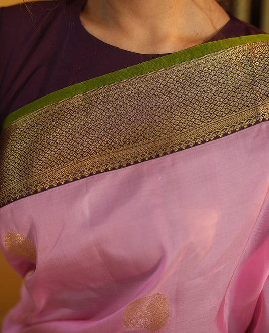 Pink-Brown Zari Buttas Vasundhara Lite Silk Mix Saree, Contrast Mayil-Yaali Border, Jaal Pallu, a Contrast Blouse