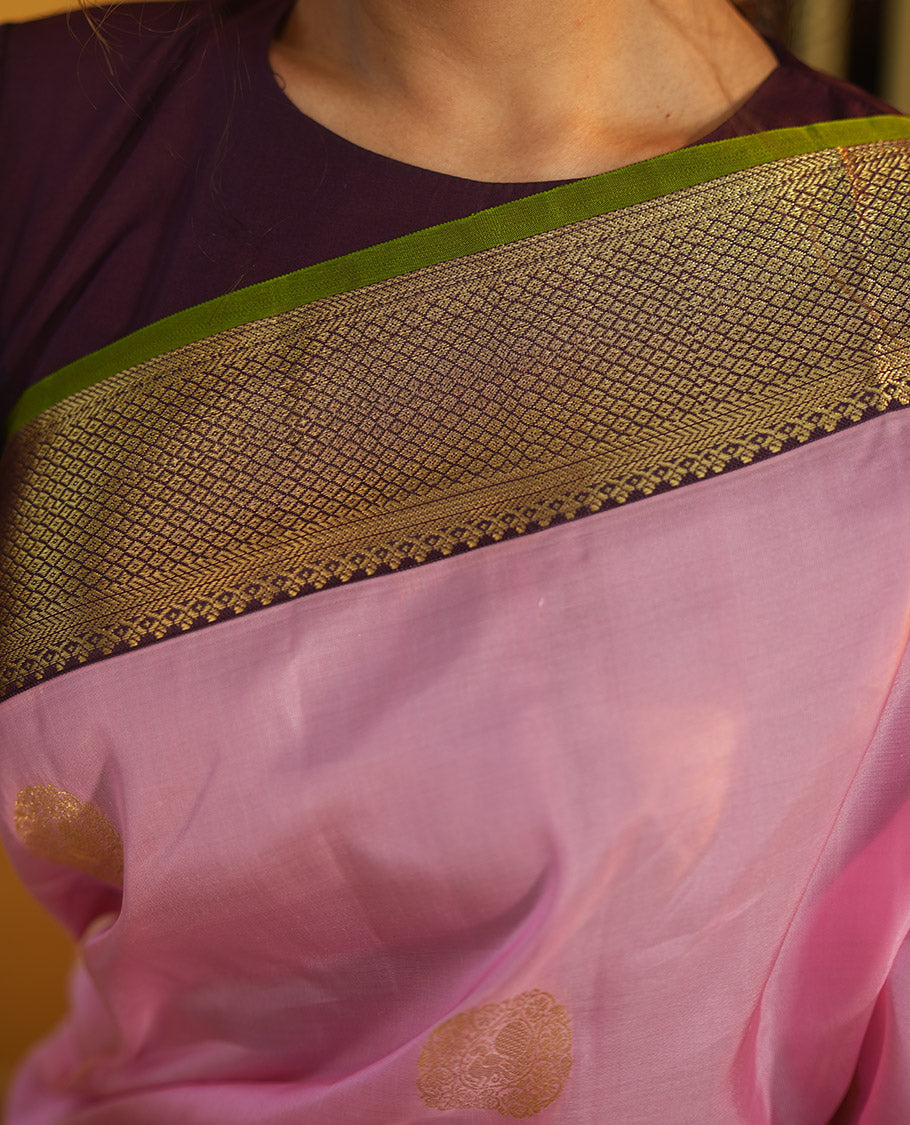 Pink-Brown Zari Buttas Vasundhara Lite Silk Mix Saree, Contrast Mayil-Yaali Border, Jaal Pallu, a Contrast Blouse