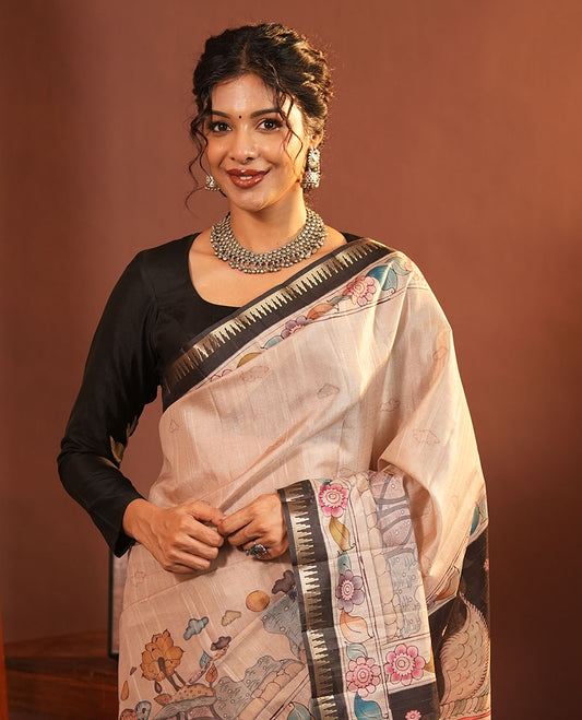 Chikku-Black Fancy Tussar Saree, Artfully Detailed with Kalamkari-Style Floral Print Across Its Body, Complemented by Contrast Temple Zari Border, a Colourfully Kalamkari Printed Pallu, and Paired with a Plain Blouse