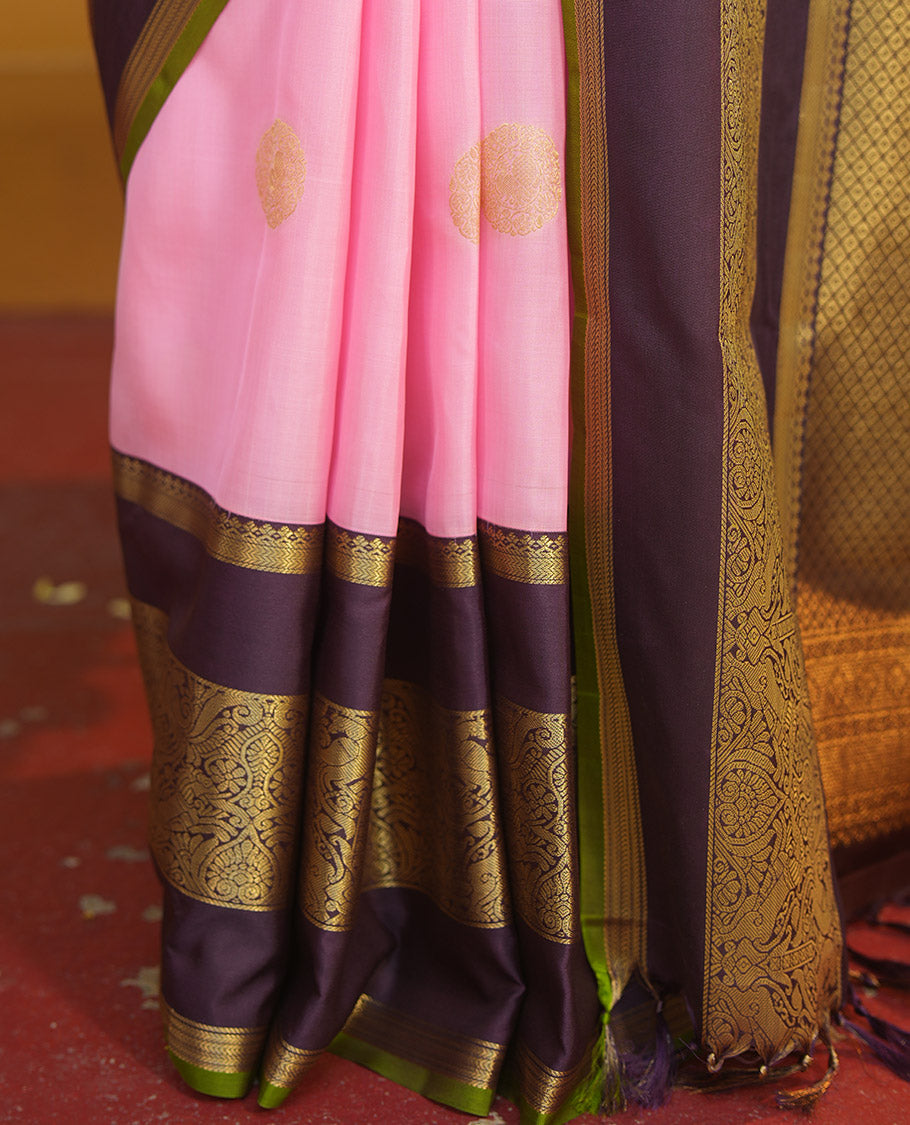Pink-Brown Zari Buttas Vasundhara Lite Silk Mix Saree, Contrast Mayil-Yaali Border, Jaal Pallu, a Contrast Blouse