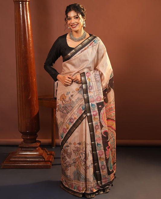 Chikku-Black Fancy Tussar Saree, Artfully Detailed with Kalamkari-Style Floral Print Across Its Body, Complemented by Contrast Temple Zari Border, a Colourfully Kalamkari Printed Pallu, and Paired with a Plain Blouse