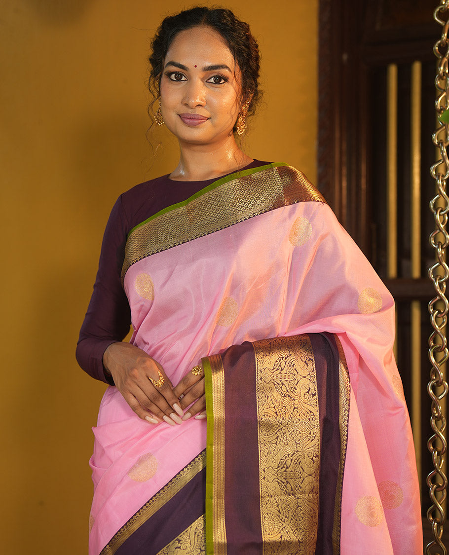 Pink-Brown Zari Buttas Vasundhara Lite Silk Mix Saree, Contrast Mayil-Yaali Border, Jaal Pallu, a Contrast Blouse