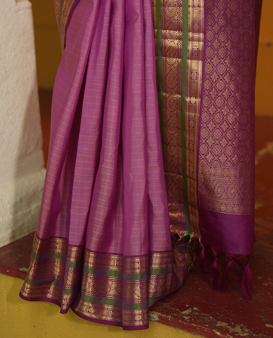 Onion Pink Striped Vasundhara Silk Saree, Contrast Border of Muthu, Mayil Kann, Kamalam, and Manga, Jaal Pallu, a Contrast Blouse