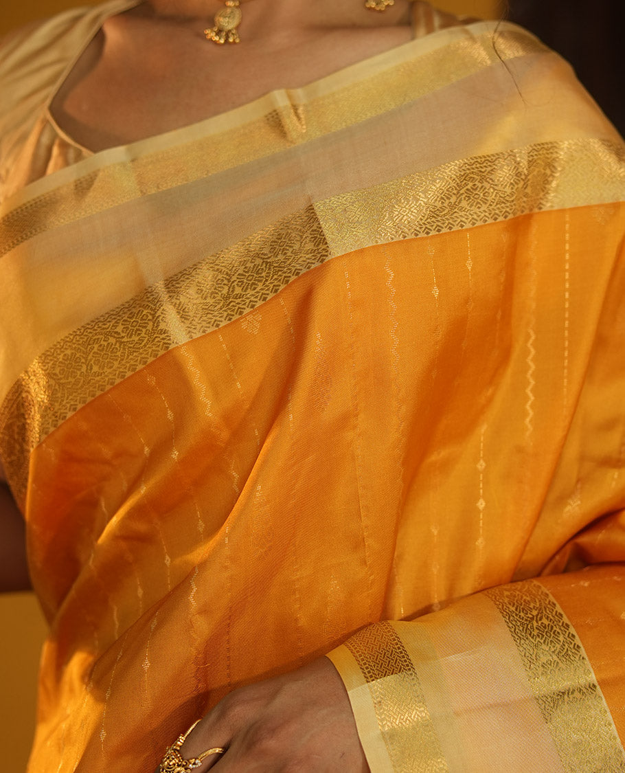 Mustard-Off-White Zari Striped Vasundhara Silk Saree, Contrast Rettai Pettu Zari Border, Jaal Pallu, a Contrast Blouse