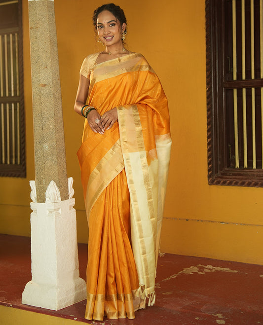 Mustard-Off-White Zari Striped Vasundhara Silk Saree, Contrast Rettai Pettu Zari Border, Jaal Pallu, a Contrast Blouse