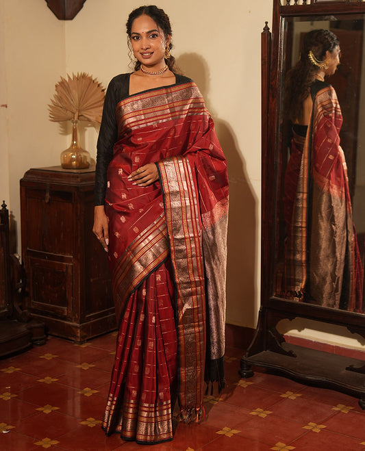Maroon Striped-Mayil Buttas Vasundhara Silksaree, Contrast Border of Mayil Kann,Mayil, and Yaali, Jaal Pallu, and a Contrast Blouse