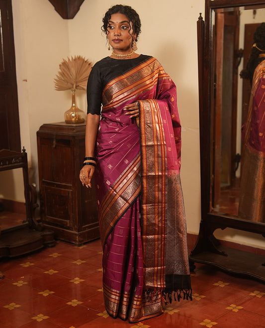 Majenta Striped-Mayil Buttas Vasundhara Silksaree, Contrast Border of Mayil Kann, Mayil, and Yaali, Jaal Pallu, and a Contrast Blouse