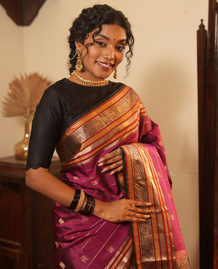 Majenta Striped-Mayil Buttas Vasundhara Silksaree, Contrast Border of Mayil Kann, Mayil, and Yaali, Jaal Pallu, and a Contrast Blouse