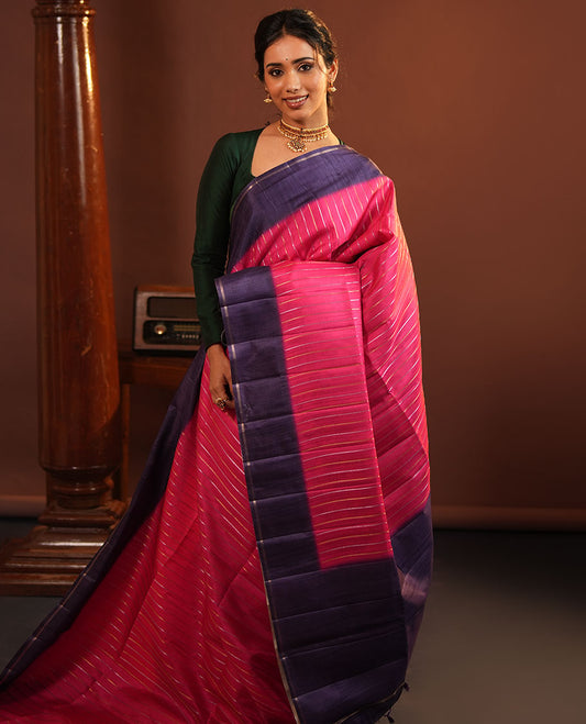 Pink Fancy Tussar Saree, Highlighted by Vertical Zari Stripes Across Its Body, Complemented by Captivating Contrast Geometric Patterned Border, Subtle Pallu and Paired with a Contrast Blouse