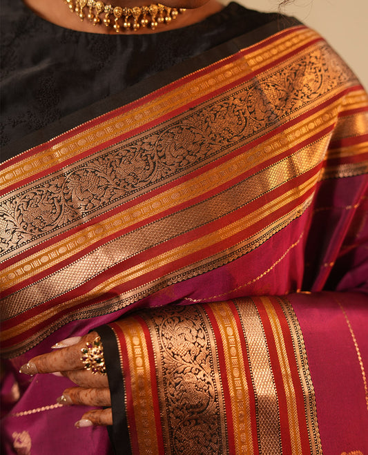 Majenta Striped-Mayil Buttas Vasundhara Silksaree, Contrast Border of Mayil Kann, Mayil, and Yaali, Jaal Pallu, and a Contrast Blouse