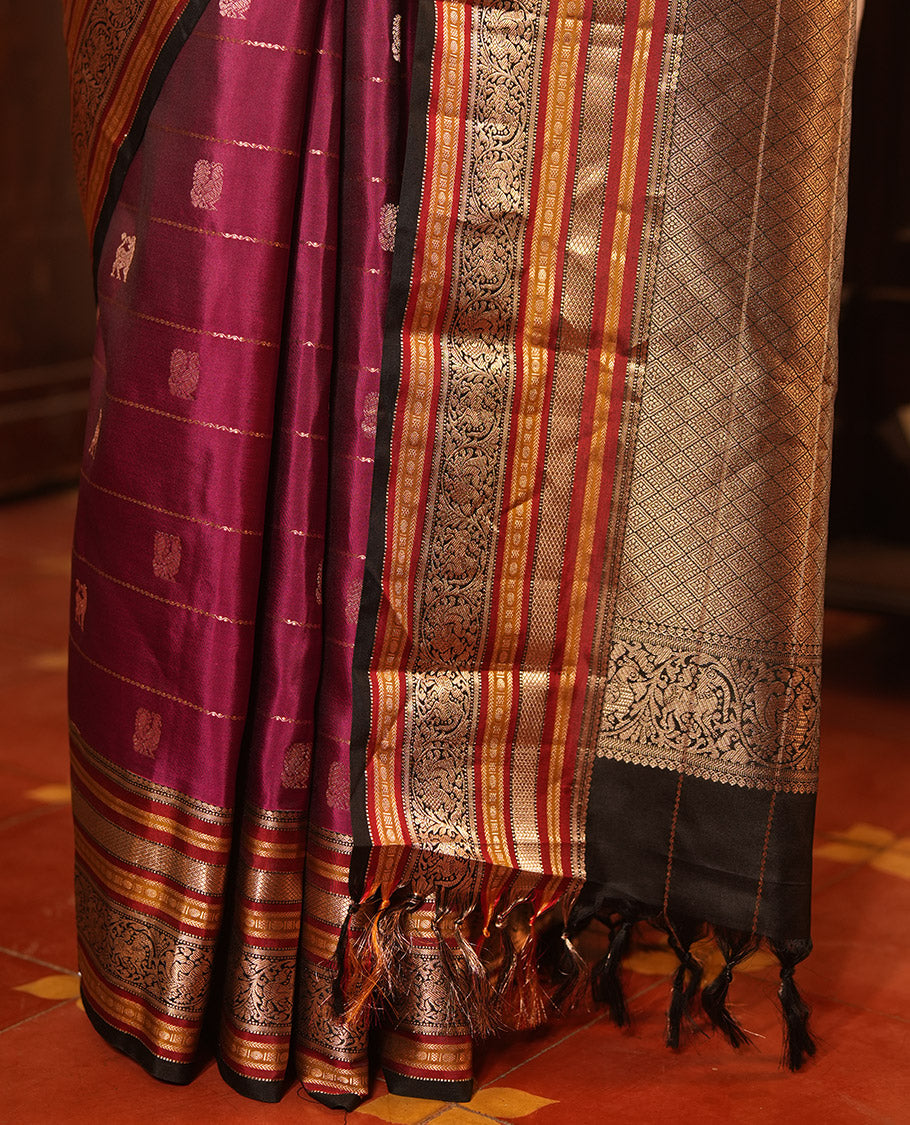 Majenta Striped-Mayil Buttas Vasundhara Silksaree, Contrast Border of Mayil Kann, Mayil, and Yaali, Jaal Pallu, and a Contrast Blouse