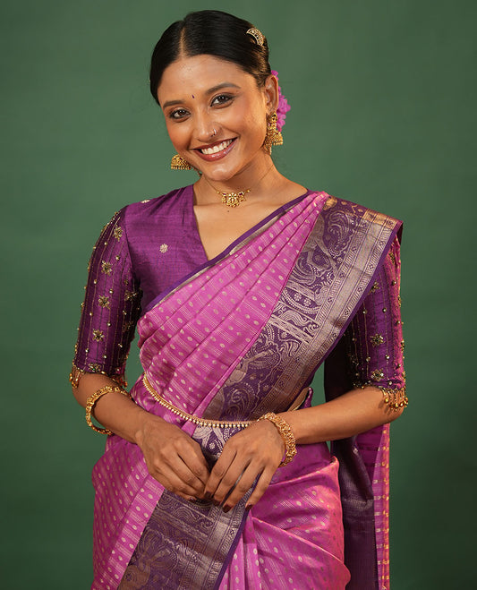 Onion pink varai oosai and rudraksham buttas silk saree, contrast kuthirai motifs zari woven border, and intricate pallu