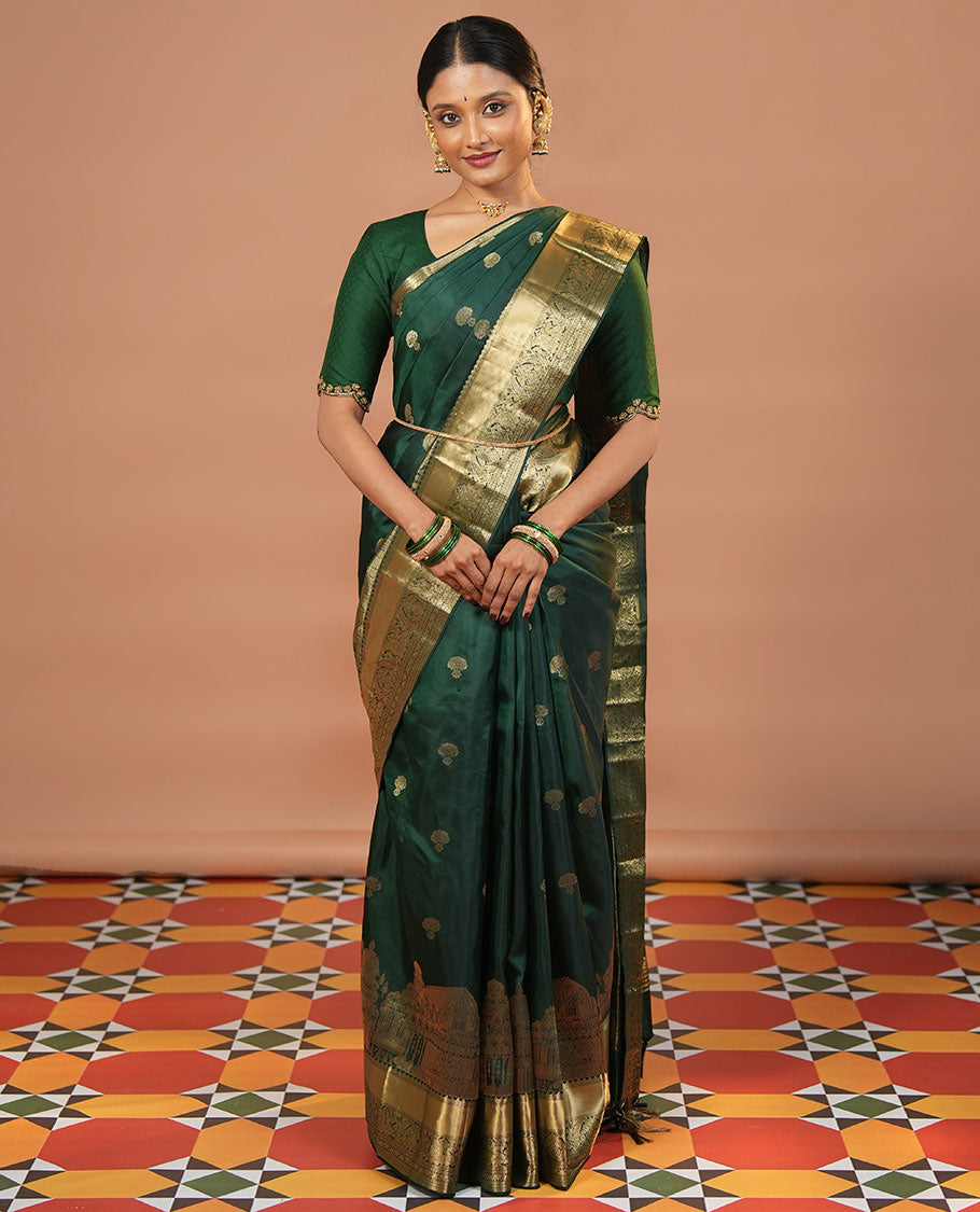 Green zari buttas and mamallapuram temple motifs zari woven silk saree, zari border of salangi, muthu, banaras, mayil, and lavangam designs, and intricate pallu