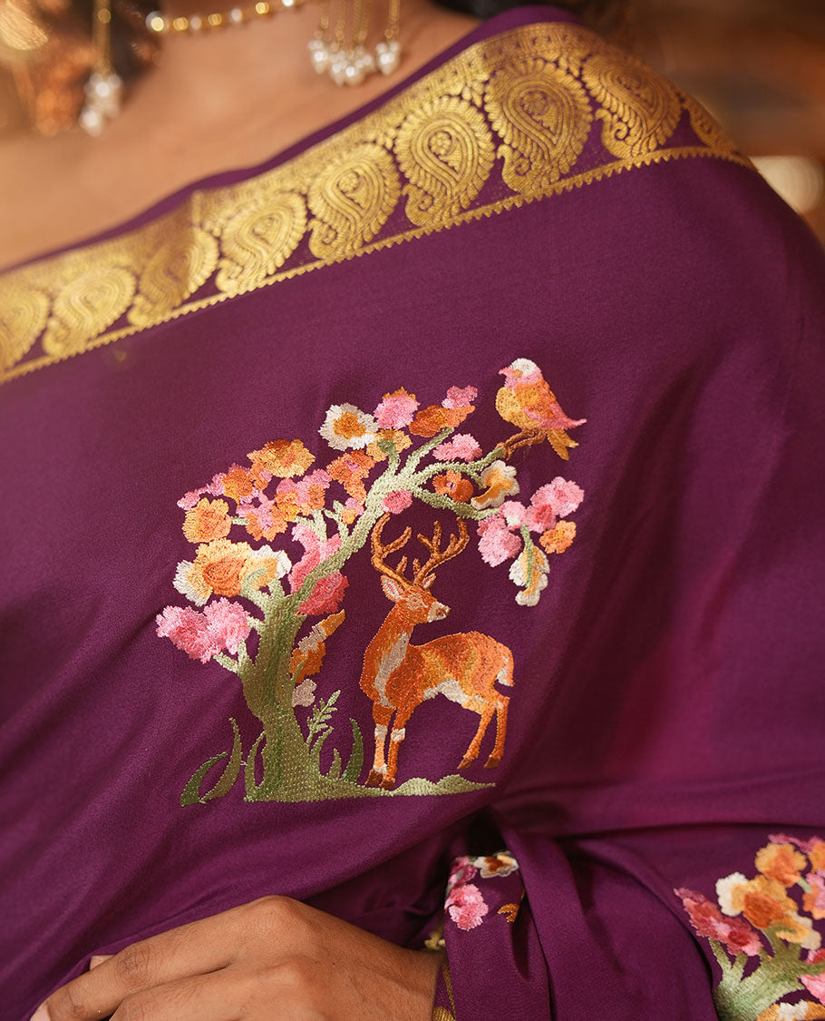 Purple Embroidery Mysore Silk Saree