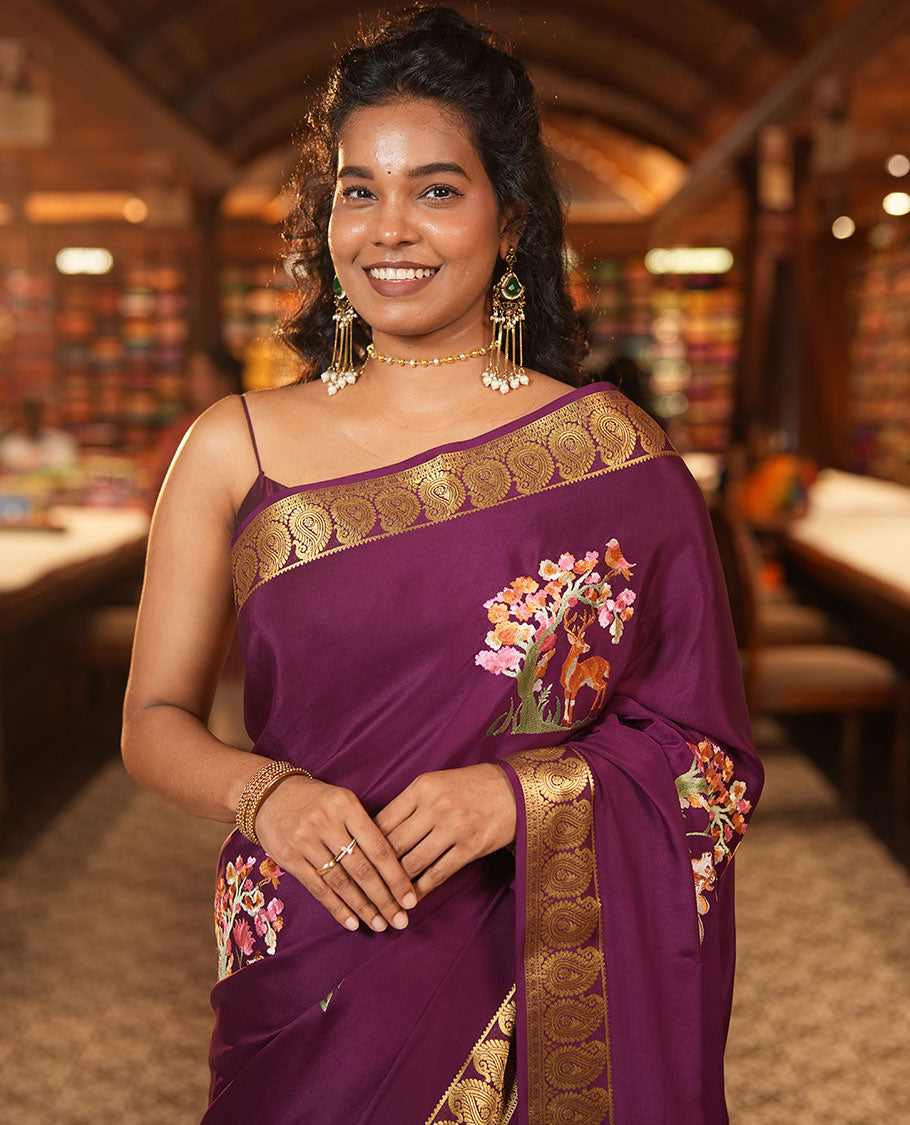 Purple Embroidery Mysore Silk Saree
