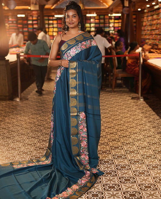 Peacock Blue Plain Mysore Silk Saree