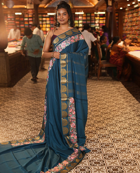 Peacock Blue Plain Mysore Silk Saree