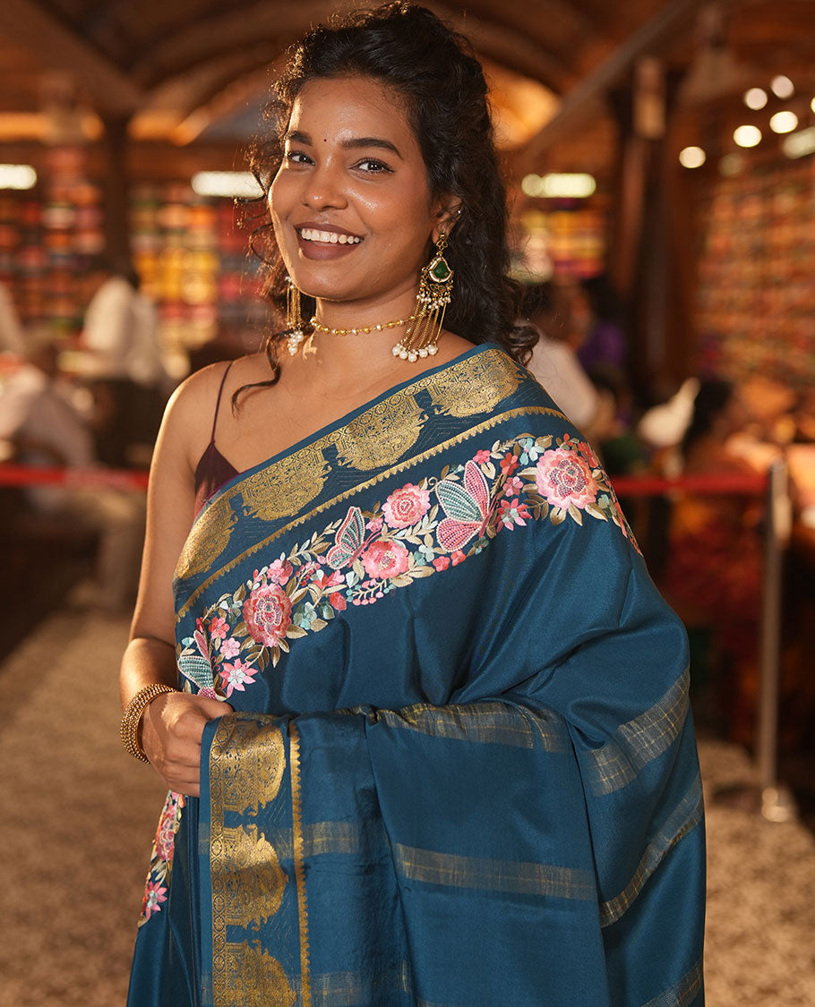 Peacock Blue Plain Mysore Silk Saree