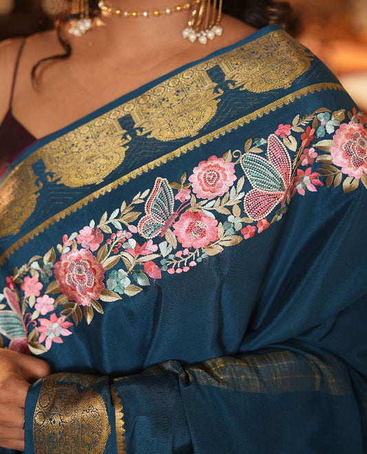 Peacock Blue Plain Mysore Silk Saree
